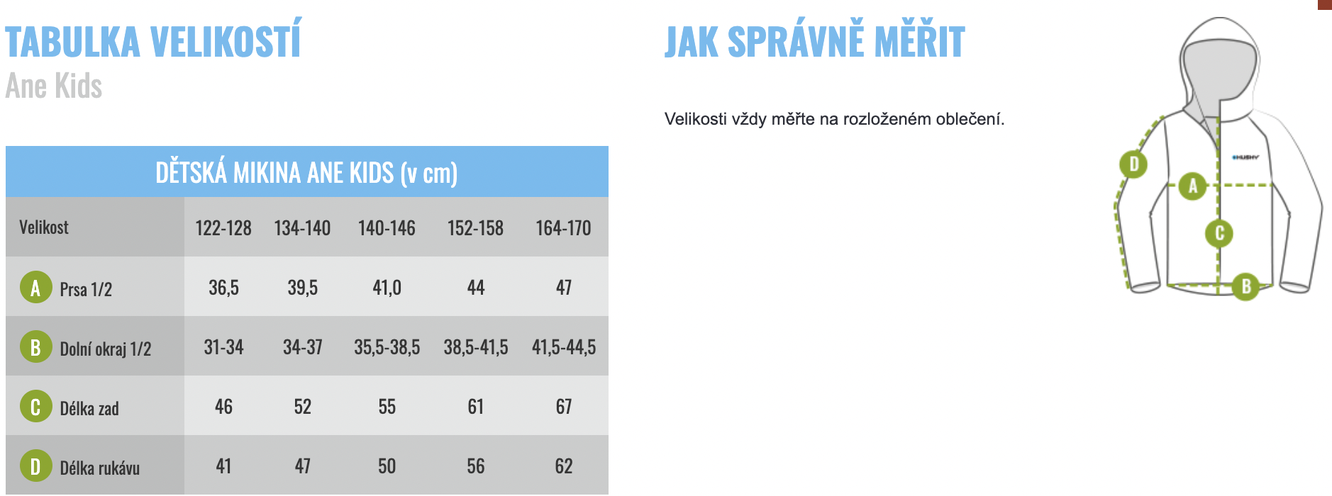 velikostni tabulka detske mikiny Husky Ane Kids